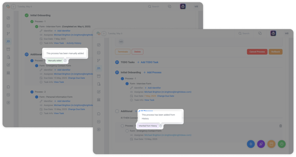 Trisk workflow execution showing Manually Added and Inherited from History indicators, clarifying how each step was added for process transparency and operational control in professional service workflows
