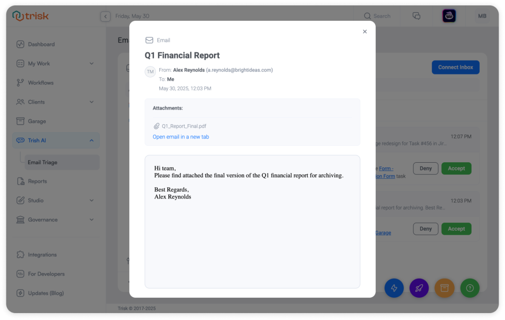 A full-screen preview of Trisk’s Email Triage feature shows a client email with an attached financial report; Designed for professional service firms to convert unstructured emails into structured workflow actions automatically. Ideal for improving audit readiness, task tracking, and client response time.