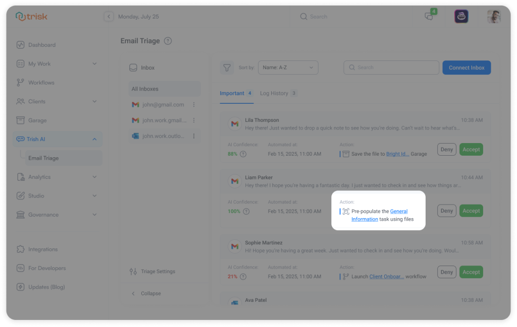 Trisk Email Triage interface showing an AI-suggested action: pre-populate a form using data extracted from an attached file. Designed for compliance-heavy industries like finance, legal, and consulting.