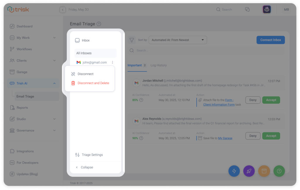 Trisk platform interface showing connected email inboxes in the Email Triage panel, allowing professional service teams to manage Gmail and Outlook accounts, disconnect or delete sources, and streamline document intake workflows securely from one dashboard.