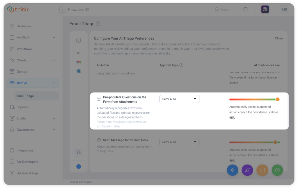 AI Email triage settings in Trisk showing pre-fill configuration using OCR with confidence-based automation. Ideal for professional services aiming to eliminate manual data entry from email attachments.