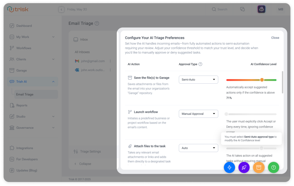 Trisk Email Triage preferences screen with confidence-based automation levels, allowing professional services to set manual, semi-auto, or auto approvals for email-driven actions like saving files to Garage, launching workflows, or attaching documents—customizable by AI confidence thresholds.