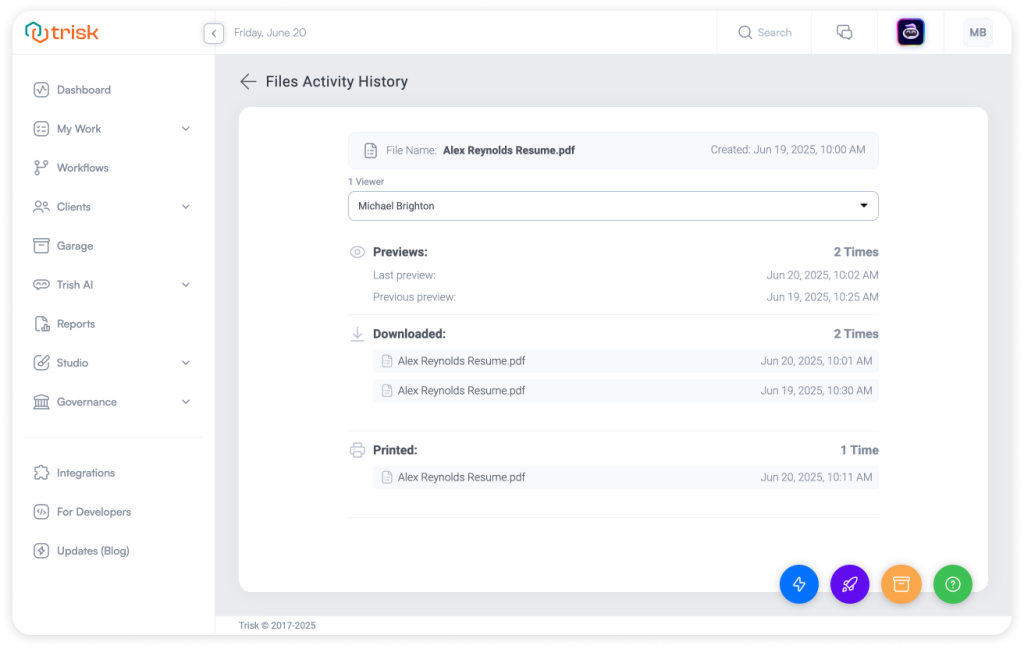 Trisk File Activity History screen showing detailed tracking of document views, downloads, and prints—ideal for regulated industries requiring document lifecycle transparency and audit compliance.