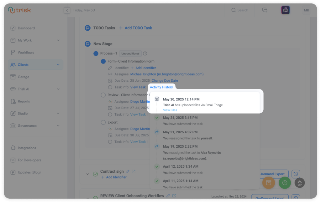 Trisk platform view showing Workflow Activity History with Trish AI upload event, enabling full audit trail visibility for professional service teams managing client documentation and task execution.