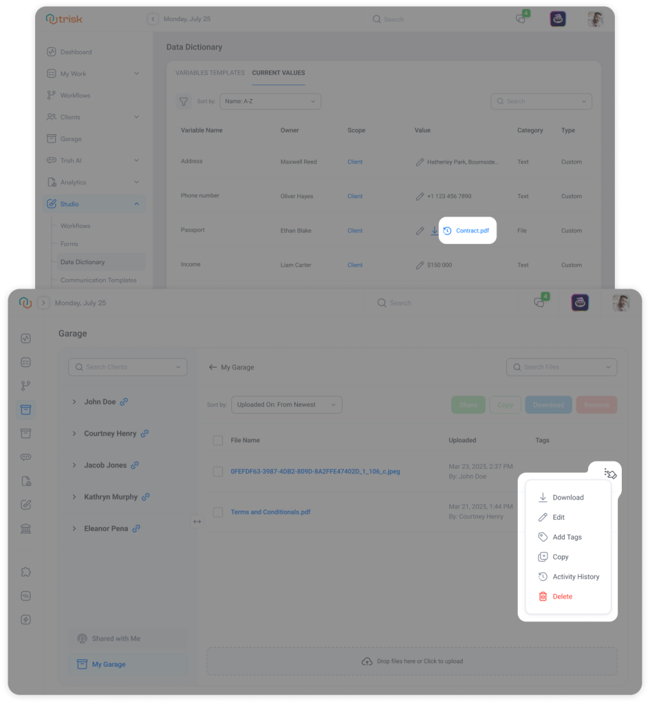Trisk platform interface showing how to access file activity history via Data Dictionary or Garage with dropdown menu options—empowering secure document control in client onboarding and compliance workflows.