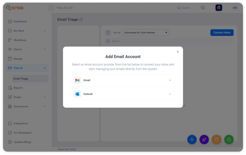 Trisk platform modal for connecting Gmail or Outlook accounts, allowing professional service businesses to manage client emails and automate workflow actions directly from a unified inbox.