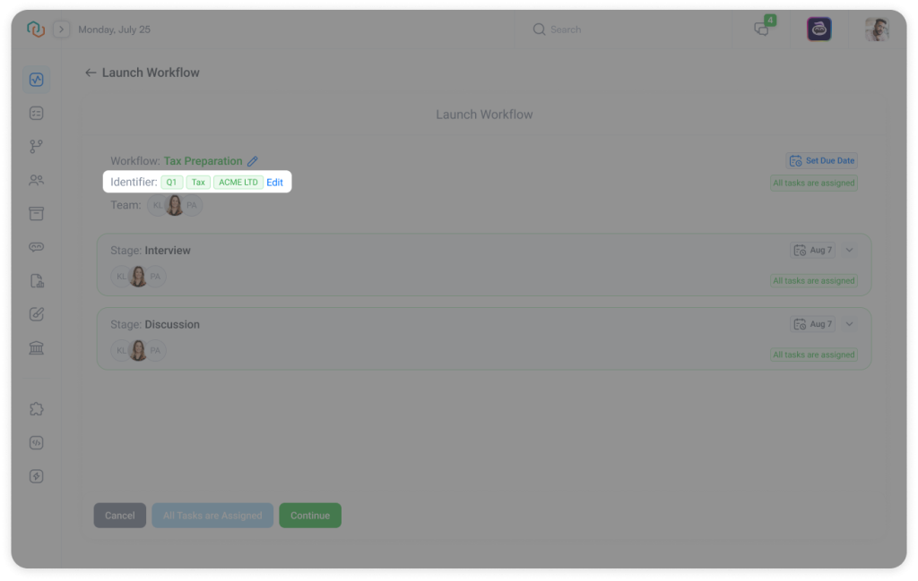 Trisk Launch Workflow screen showing standardized Tag-based Identifiers such as Q1, Tax, and client names—supporting scalable, error-free workflow naming for accounting and compliance teams.