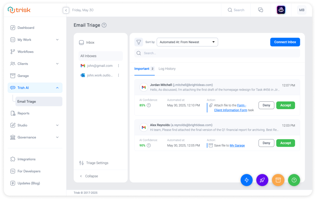 Trisk platform interface showing AI-suggested actions for incoming emails with Accept and Deny buttons. Designed for professional service firms to automate client communication triage and document processing with high accuracy.
