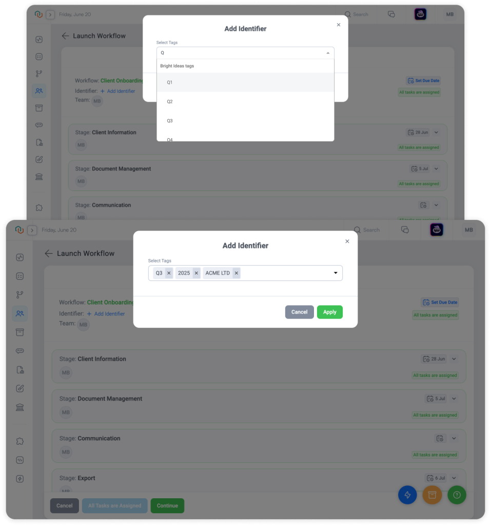Trisk Identifier modal with dropdown for selecting standardized Tags like Q3, 2025, or client names—enabling consistent workflow categorization and smarter filtering for professional services firms.