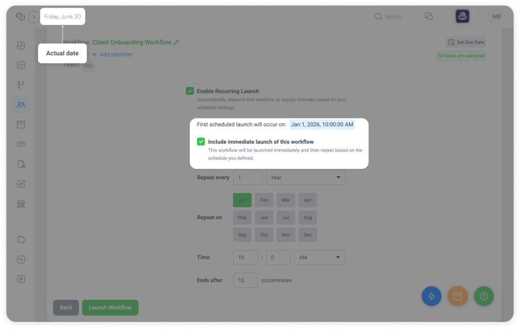 Trisk recurring workflow settings interface with immediate launch option enabled—allowing professional services teams to start workflows instantly, even when the defined schedule begins in the future.