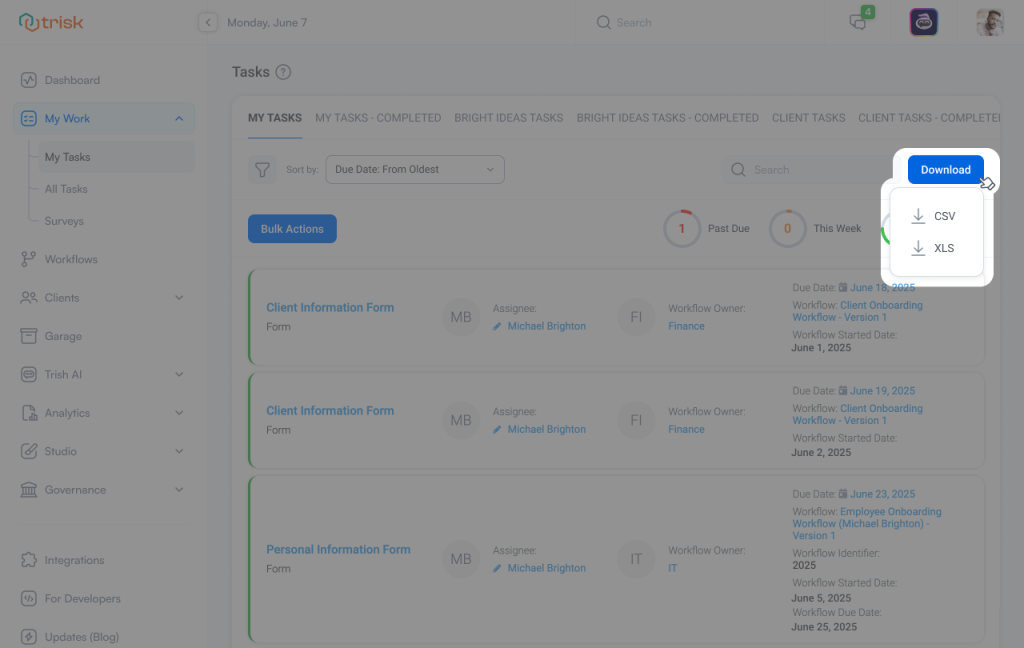Trisk task list screen with export dropdown options for CSV and XLS, enabling filtered task data to be downloaded for compliance reports, client packets, and internal documentation in professional service workflows.
