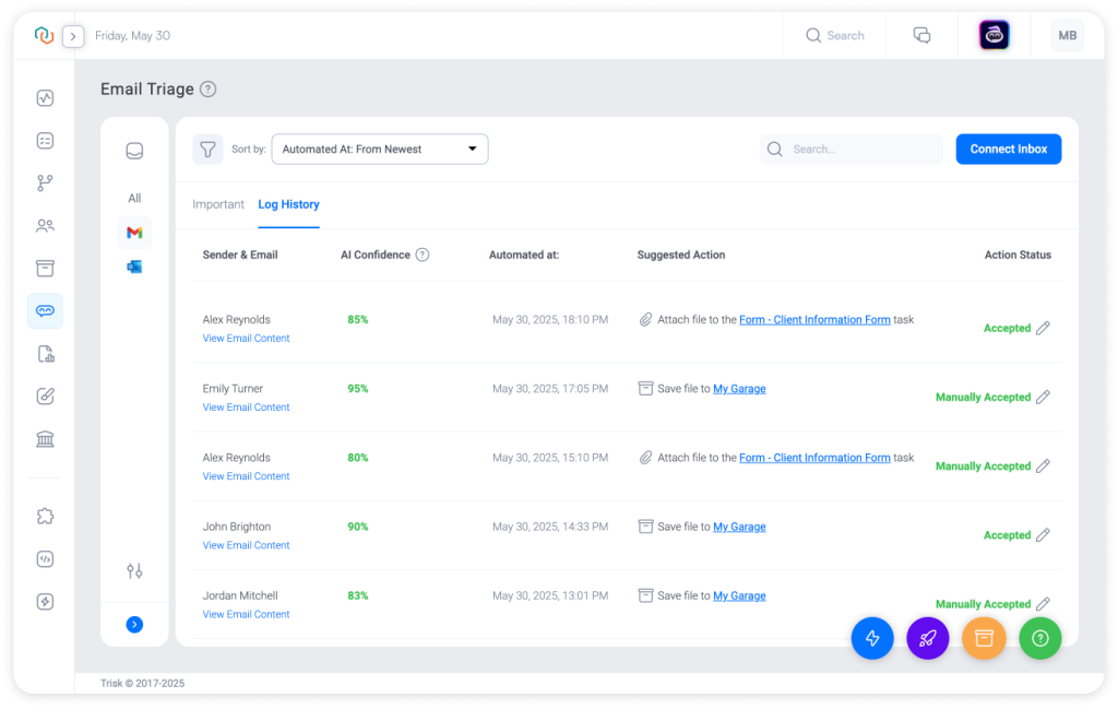 Detailed Log History tab in Trisk’s Email Triage module showing sender data, AI confidence level, automated actions, and status. Optimized for audit-readiness and task traceability in professional services.