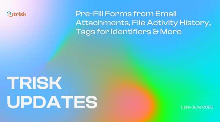 Trisk Late-June 2025 updates banner highlighting new features, including OCR-based form pre-fill, file activity tracking, and tag-based workflow identifiers for automation in professional services.