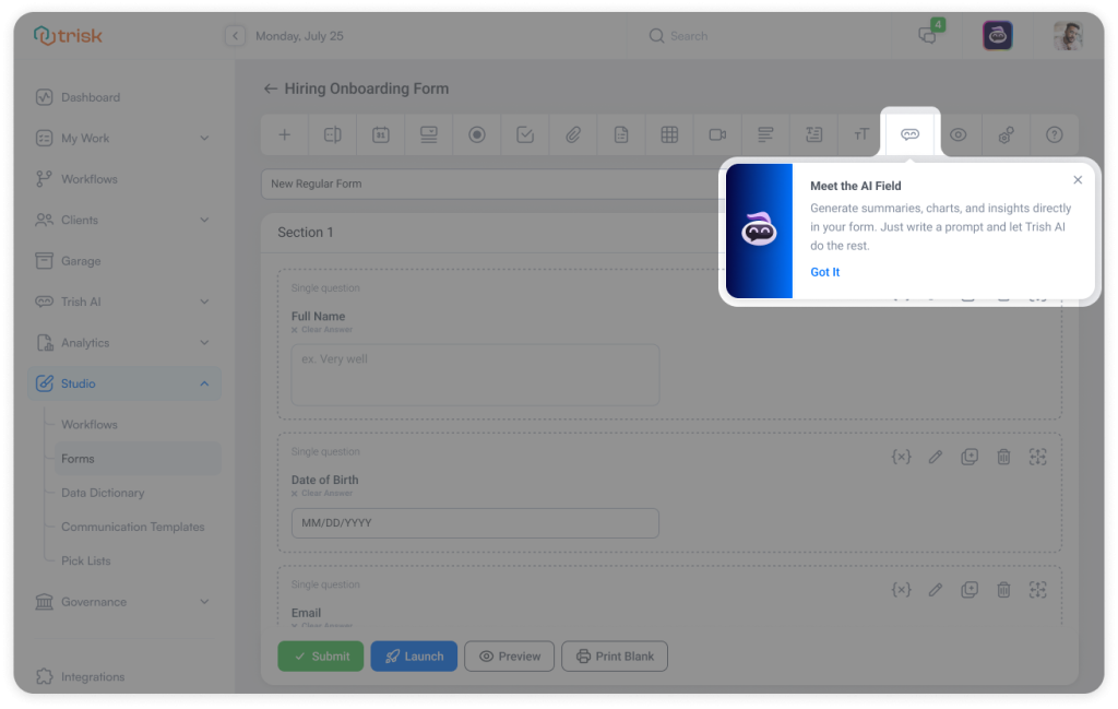 Screenshot of Trisk Form Builder showing the new AI Field tooltip, enabling real-time summaries, charts, and insights directly within client-facing forms, designed for faster decision-making in professional service workflows.