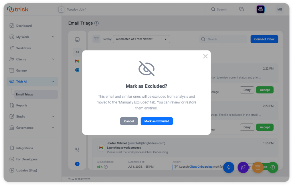 Confirmation modal in Trisk’s Email Triage allowing users to mark emails as excluded from AI processing—streamlining inbox review and improving focus for professional services managing high email volumes.