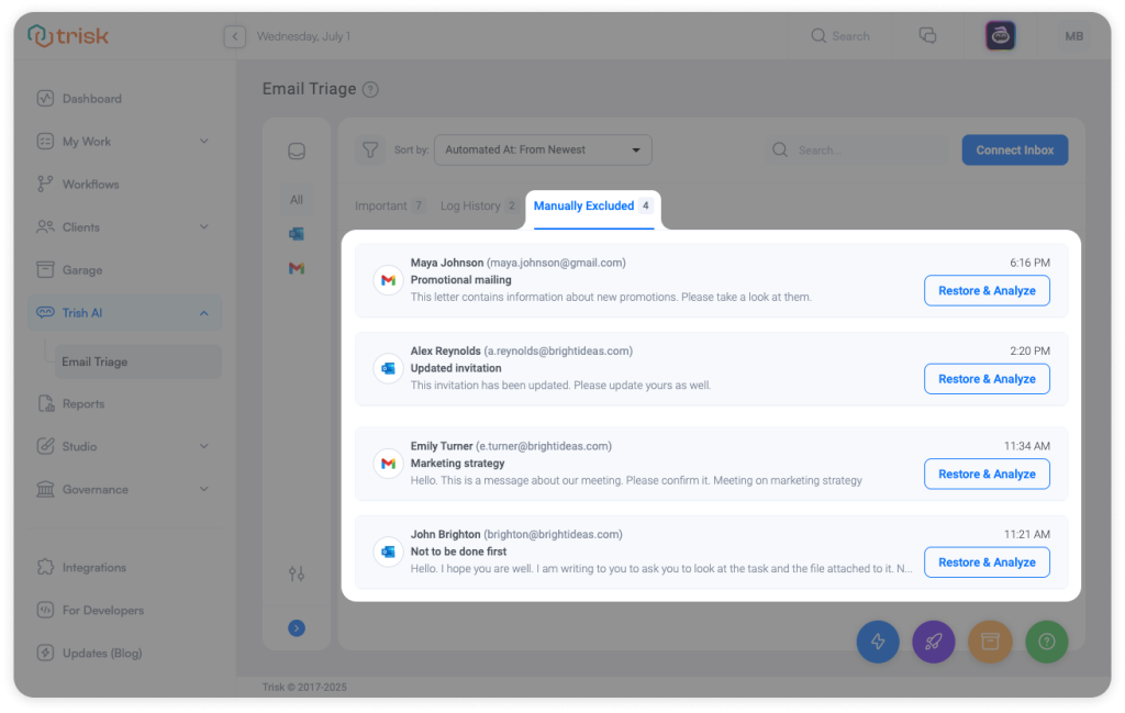 Trisk’s Manually Excluded tab in Email Triage, displaying non-actionable emails with a “Restore & Analyze” button—helping professional service teams streamline inboxes while retaining full control over excluded content.