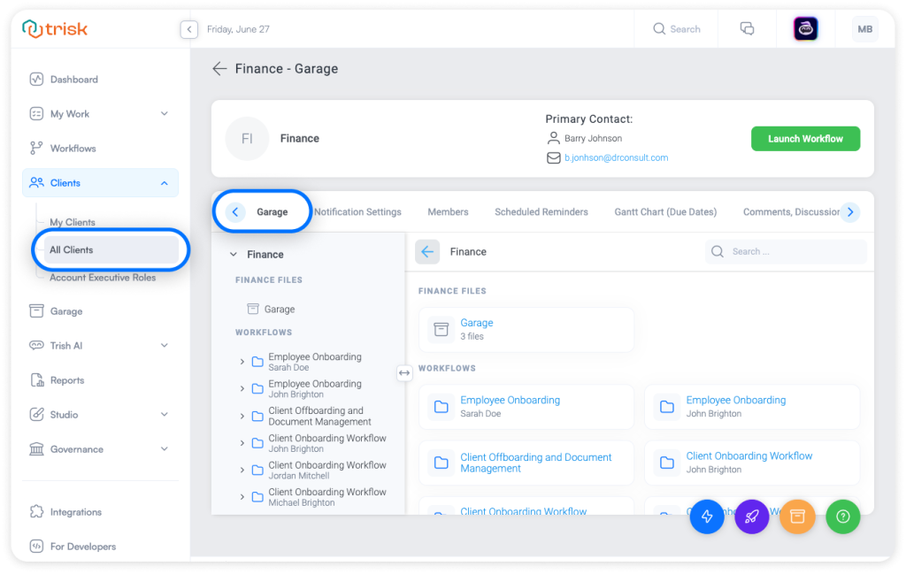 Trisk client profile screen displaying the new Garage tab, which provides direct access to client-specific files and workflows—streamlining document management for professional service teams in finance, consulting, and legal industries.
