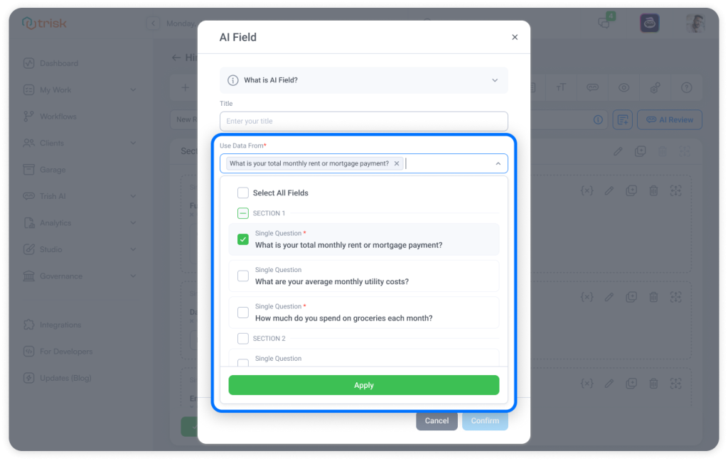 Trisk platform showing AI Field setup with selectable form questions, allowing users to choose data sources for real-time insights and automated chart generation. Ideal for financial, legal, and consulting workflows.