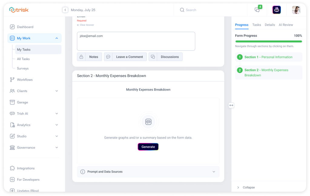 Trisk platform interface during form execution, showing an AI Field ready to generate summaries or visualizations from submitted client data. Designed to help professional service teams analyze responses instantly.