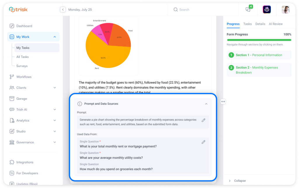Pie chart and text summary generated by AI from client form inputs, with editable prompt and selected data sources displayed. Enabling consultants, accountants, and legal teams to interpret responses at-a-glance.