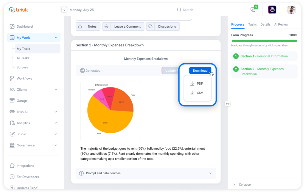 Download menu on Trisk platform offering export of AI-generated data as PDF or CSV. Ideal for professional service firms needing secure, sharable summaries for reporting, audits, or compliance tasks.