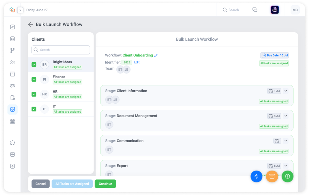 Trisk Bulk Launch Workflow interface showing selected clients and task assignments across workflow stages like Client Information, Document Management, and Communication—built for scalable execution in finance, HR, and consulting firms.