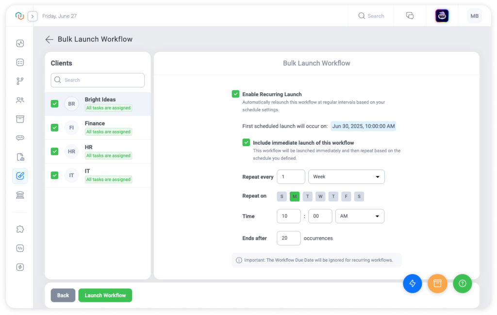 Trisk platform screen showing Recurring Launch settings with weekly schedule, time, and launch frequency—allowing professional service businesses to automate recurring client workflows with a single setup.