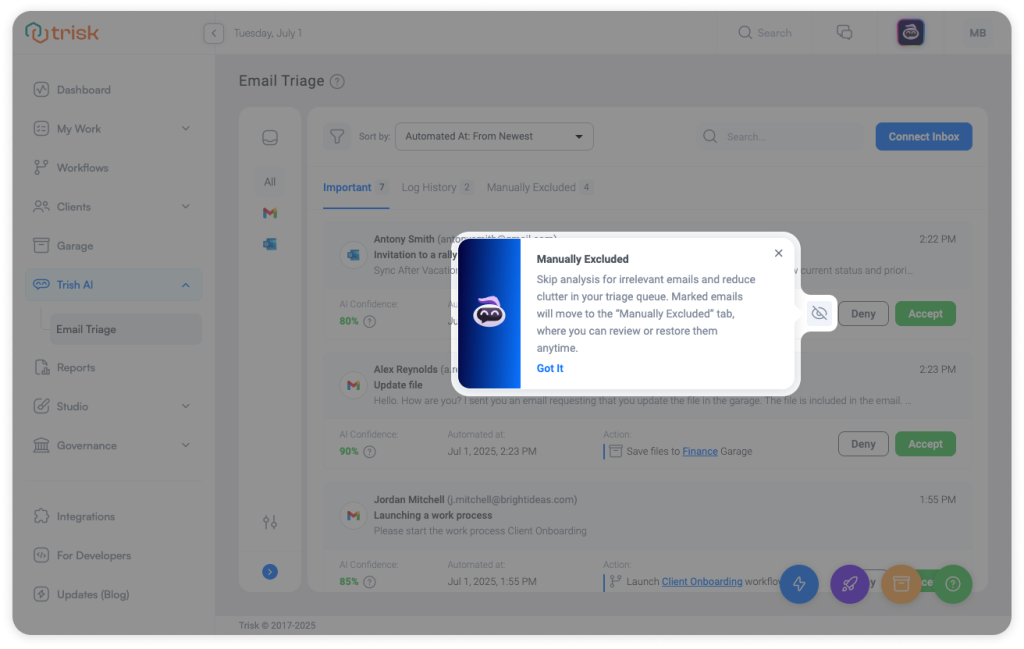 Trisk platform tooltip explaining the “Manually Excluded” feature in Email Triage, allowing users to skip irrelevant emails from AI analysis—reducing noise and keeping triage queues focused for busy finance, legal, or consulting teams.