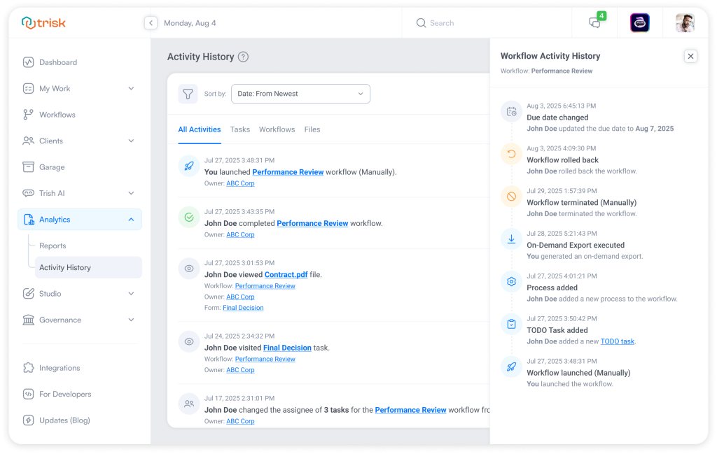 Trisk platform’s detailed Activity History timeline showing role-based access to task completions, workflow updates, file views, and exports—designed for compliance-focused professional service businesses.