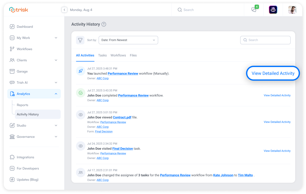 Trisk platform interface showing the Activity History page with tab-based navigation for All Activities, Tasks, Workflows, and Files, and the ‘View Detailed Activity’ button for accessing full workflow activity and timestamps.