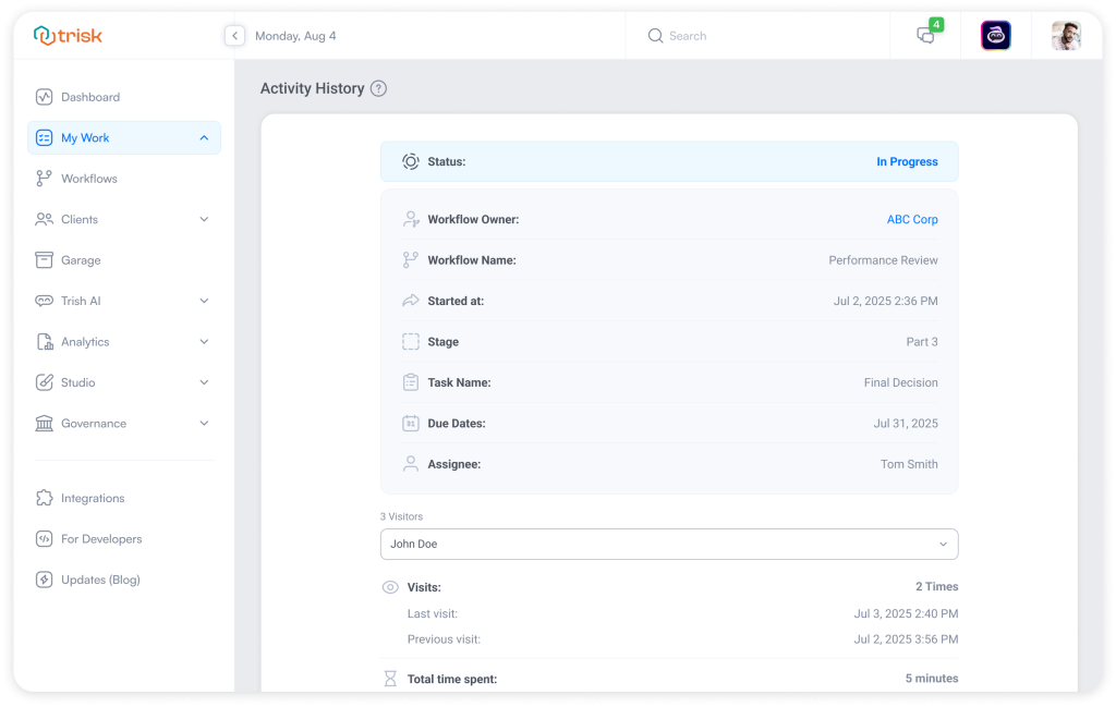 Trisk platform’s Activity History detail page displaying task status, workflow data, due dates, assignee, and user visit history with timestamps—offering professional service teams full visibility into workflow progress.