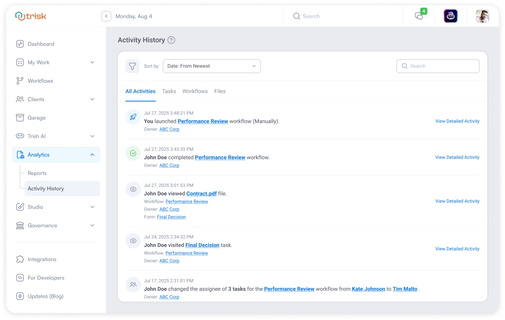Trisk platform showing the Activity History interface, where professional service teams can review workflow progress, task updates, and file actions in one centralized place, supporting transparency, accountability, and audit readiness.