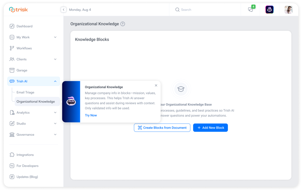 Trisk platform showing the new Organizational Knowledge section, where professional service teams can provide internal rules, policies, and approval logic as Knowledge Blocks—so Trish AI can follow firm-specific standards across forms, workflows, and email triage.