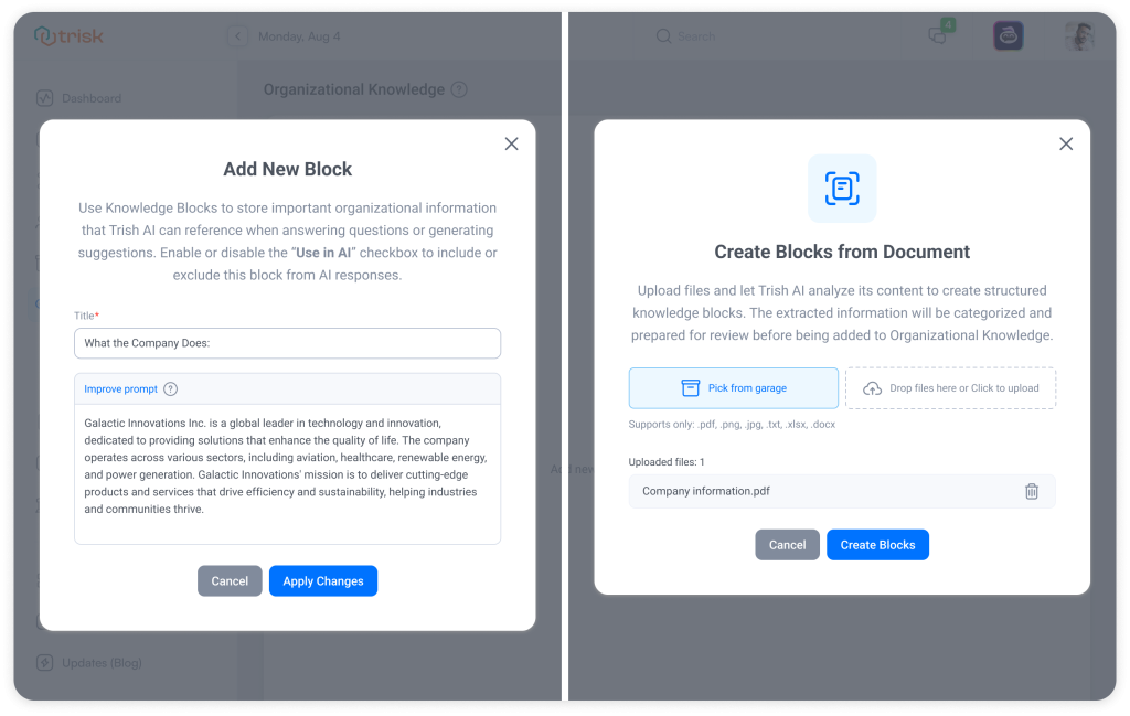 Trisk interface showing how professional service firms can manually enter or upload documents to create structured Knowledge Blocks, capturing internal policies, compliance guidelines, and approval processes for Trish AI to reference in forms, workflows, and triage.