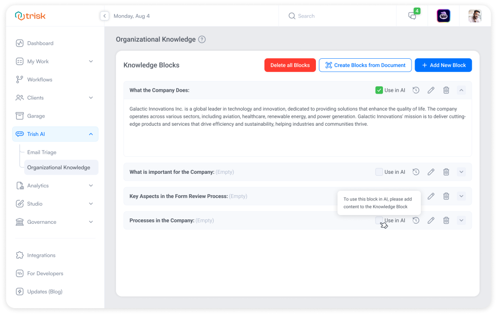 Professional service teams managing Knowledge Blocks in Trisk, enabling or disabling “Use in AI” for internal business rules, contract workflows, approval stages, and review logic to power tailored automation across the firm.