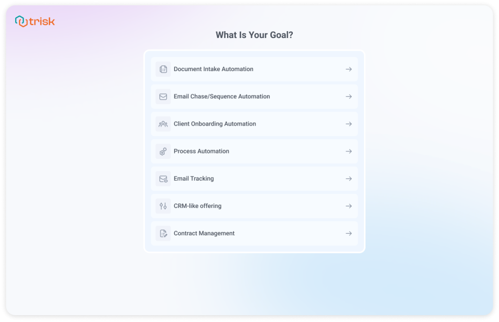 Goal selection screen in Trisk onboarding showing options like Client Onboarding Automation, Process Automation, and Document Intake Automation—enabling professional service firms to personalize their workflow automation strategy from the start.