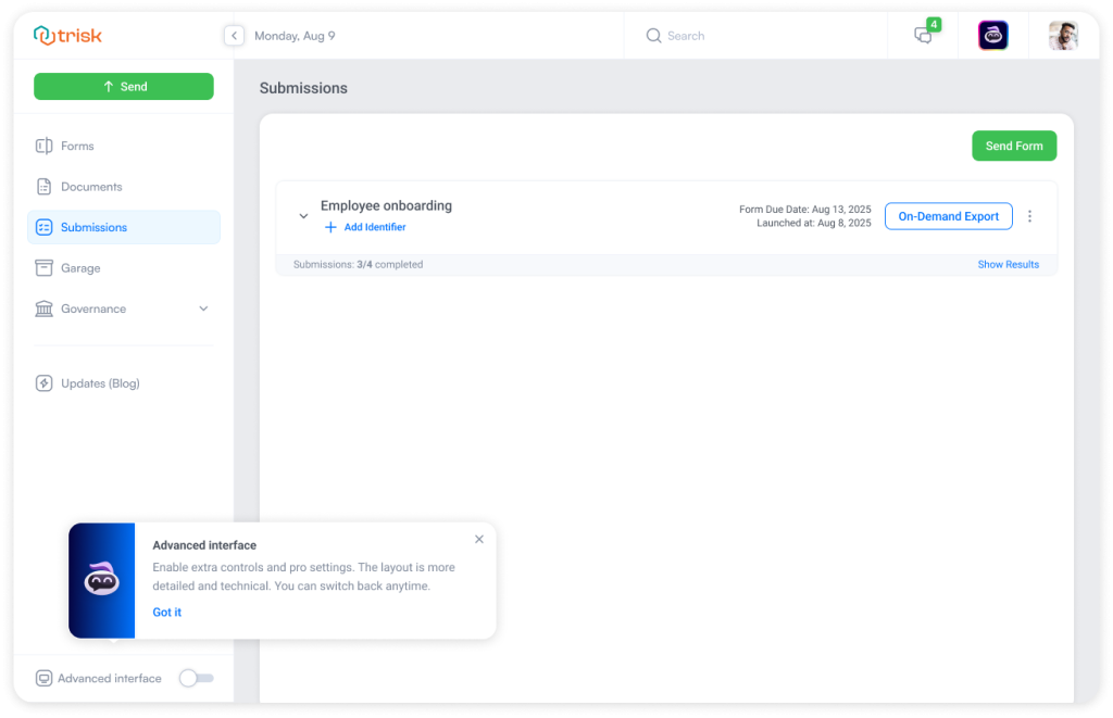 Trisk platform screen showing a streamlined interface with access to workflow submissions and an “Advanced Interface” toggle—designed for professional service teams to switch between simplified views and detailed automation controls.
