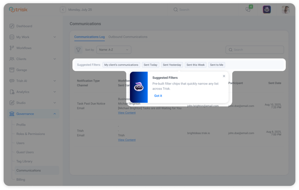 Trisk platform screen highlighting Trish’s hint about Suggested Filters in the Governance section—showing smart, pre-built filter chips that help professional service teams instantly narrow communications and workflow data without setup or manual filtering.