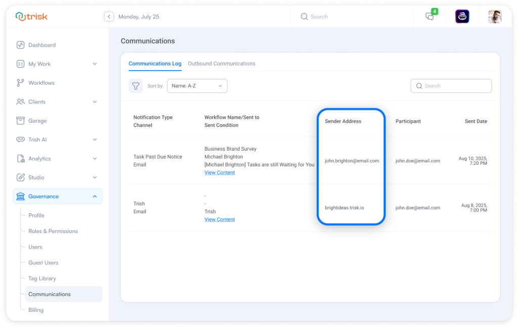 Trisk Platform screen showing workflow email records with sender addresses from both a verified company domain and the default Trisk address—demonstrating how professional service firms can send branded outbound emails directly from their own domain for trusted client communication.