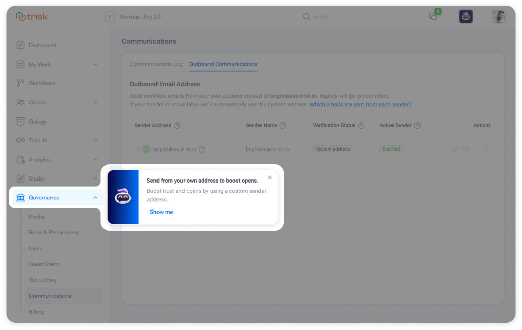 Trisk Platform screen showing a Trish hint that encourages users to send workflow emails from their own verified address—helping professional service teams boost trust and open rates through branded outbound communication.