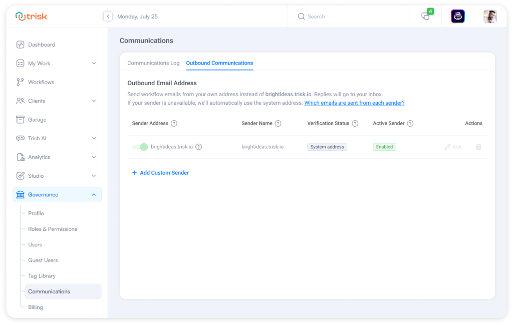 The new Outbound Communications tab, where users can manage, verify, and enable their custom sender addresses—simplifying branded email setup for workflow communications.