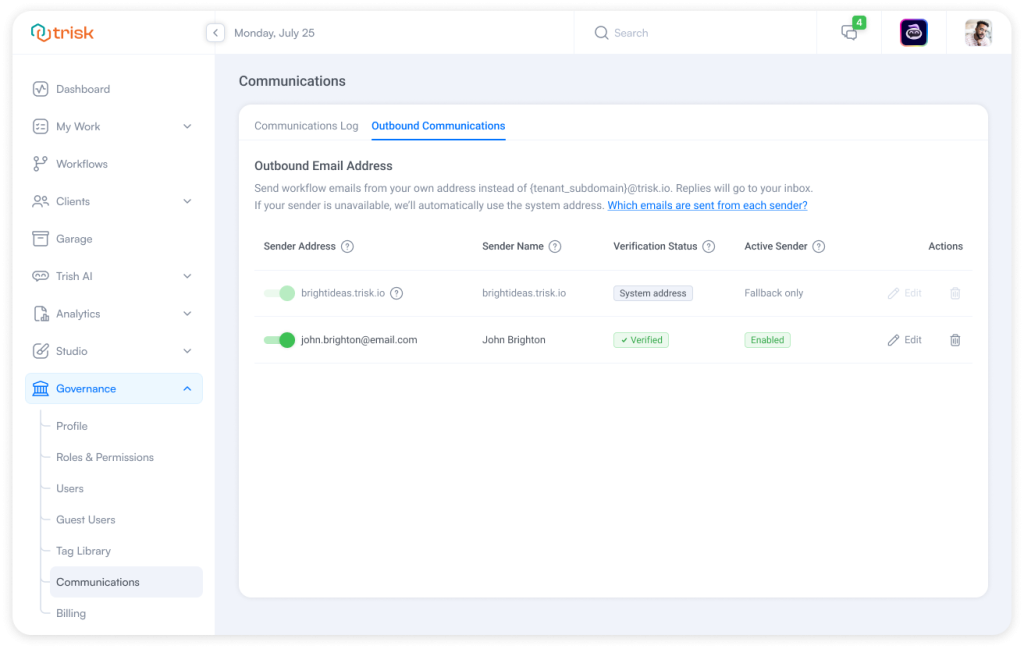 Trisk Governance → Outbound Communications screen showing a verified and enabled custom sender email alongside the default system address — confirming that branded workflow messages are now sent from the company’s verified domain for better client trust and deliverability.