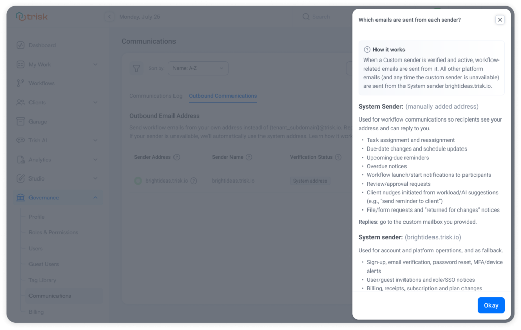 Trisk Governance → Outbound Communications window showing the help panel explaining which workflow emails are sent from your verified company address and which continue using the Trisk system sender—helping teams stay clear on how branded emails work.