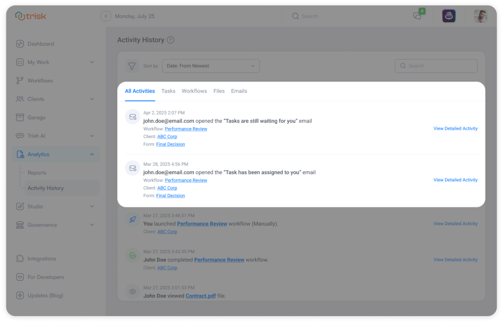 Screenshot of Trisk Activity History showing timestamped email open events tied to specific workflow, client, and form. Designed for accounting, legal, consulting, insurance, and other professional services firms to improve workflow automation, client communication visibility, and audit-ready documentation.