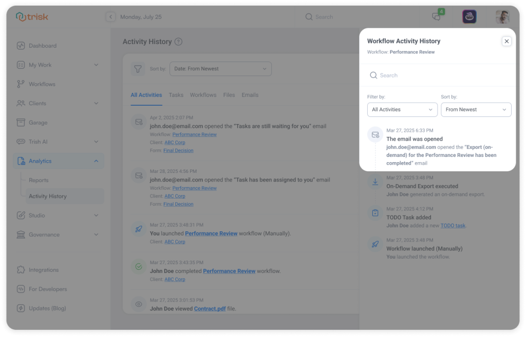 Interface view in Trisk showing a workflow task timeline where an email open event is logged alongside task submission—ideal for CPA firms, consulting practices and professional services teams to track when clients engage, automate follow-ups, and ensure accountability in onboarding and compliance processes.