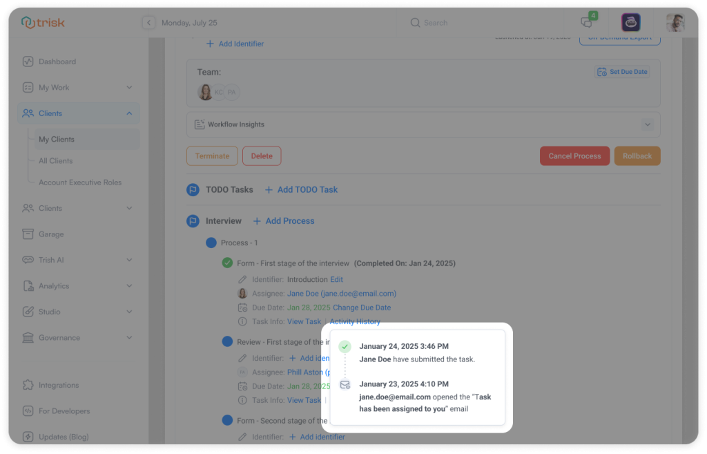 Trisk platform screenshot capturing real-time events like email opens and task completions within a workflow—providing manufacturing, insurance, legal and advisory teams with centralized visibility, improved process compliance, and automated workflow insights.