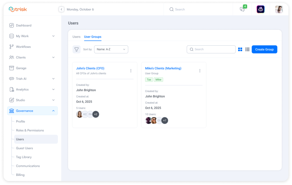 Trisk User Groups dashboard showing organized groups of internal users, clients, and guest collaborators—helping accounting firms, law practices, consultants, and insurance teams streamline task assignments, automate surveys, and manage role-based access across multi-user workflows.