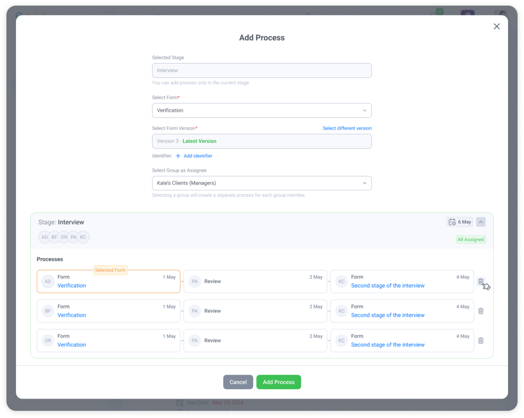 Trisk Add Process summary showing individual workflow processes created for each member of a selected User Group—allowing accounting firms, law firms, consultants, and insurance teams to launch multi-person workflow stages instantly with consistent tasks, permissions, and due dates.