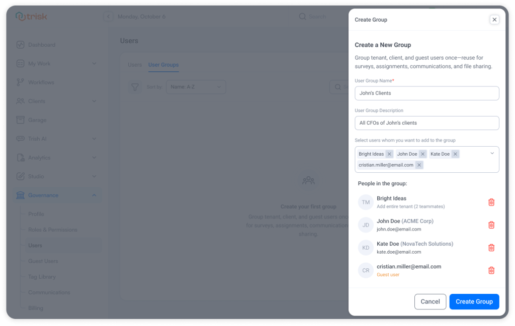 Trisk “Create Group” panel showing fields for group name, description, and user selection—allowing professional service firms to build reusable teams for automated task assignments, survey distribution, file sharing, and secure collaboration with internal staff, clients, and guest users.