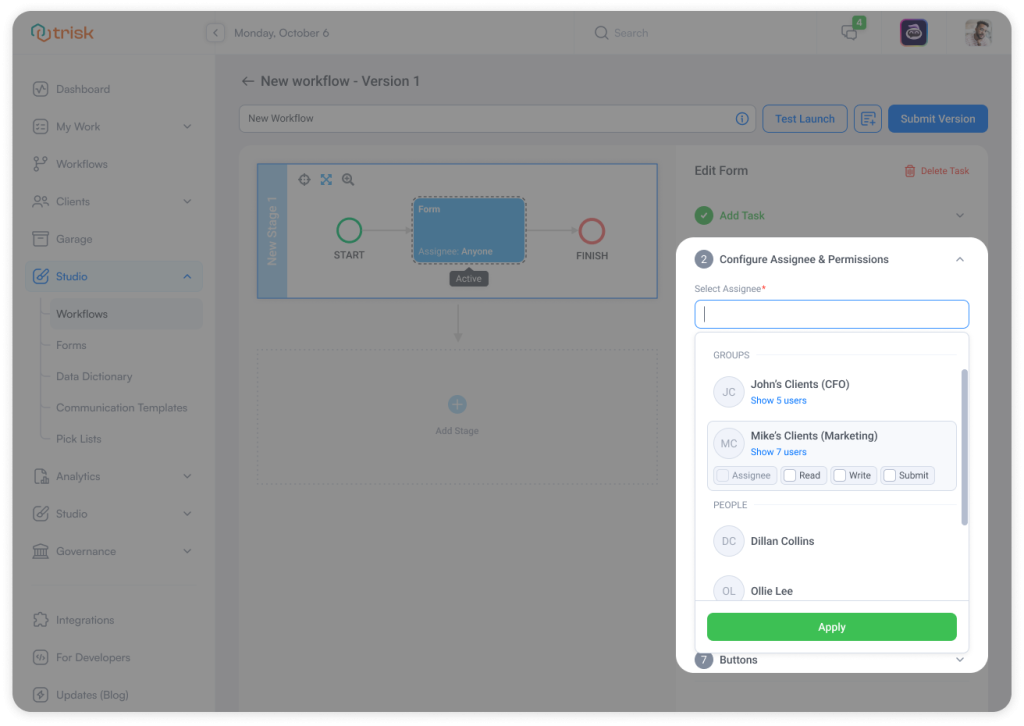 Trisk Workflow Template screen displaying group-based task assignment with configurable Read, Write, and Submit permissions—allowing CPA firms, law practices, consultants, and insurance teams to automate multi-user task assignments while maintaining strict permission controls.